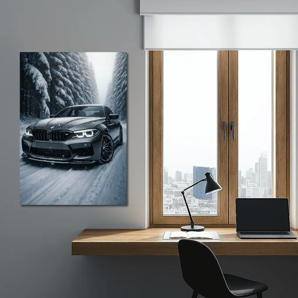 BMW M5 Driving Through Snowy Forest Road – Wall Art