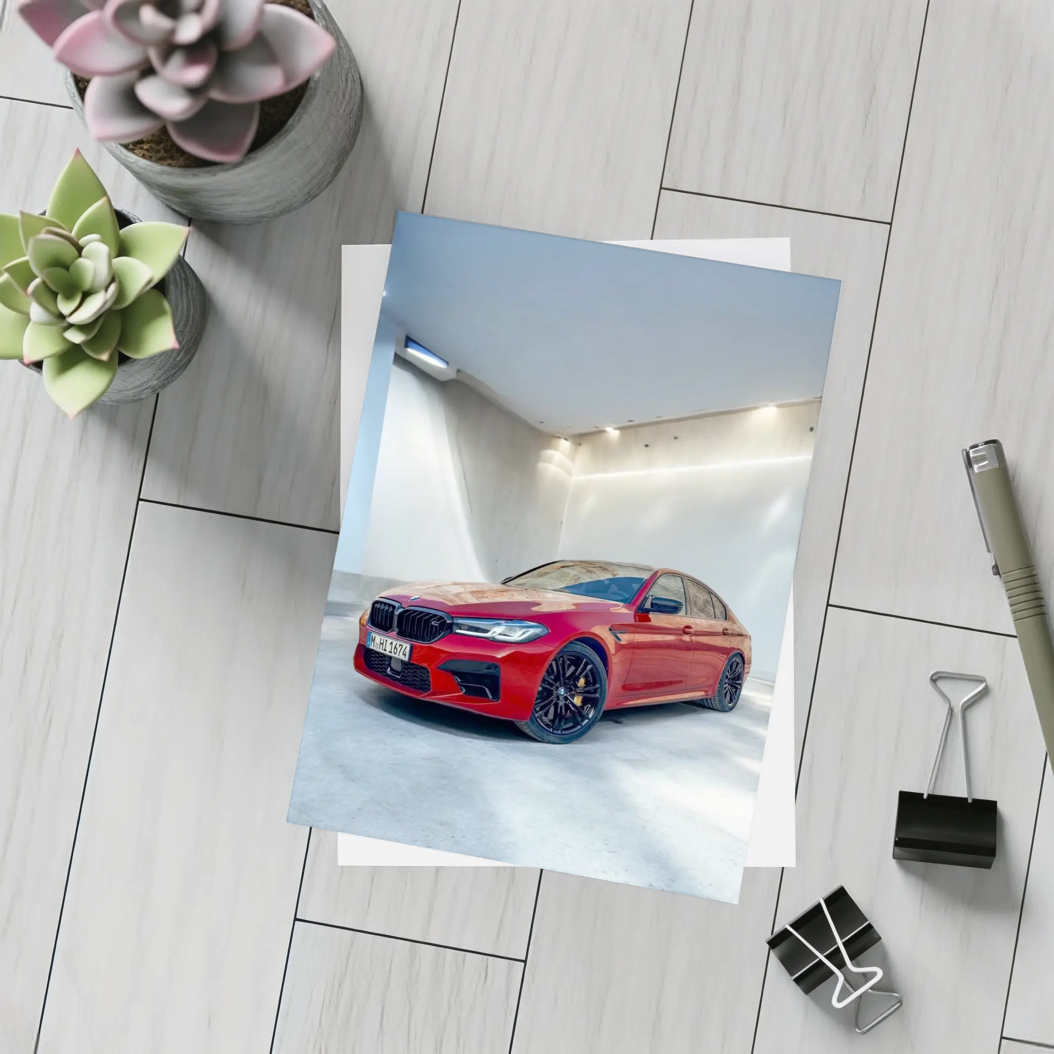 BMW M5 Red Sedan Minimalist Garage – Postcards