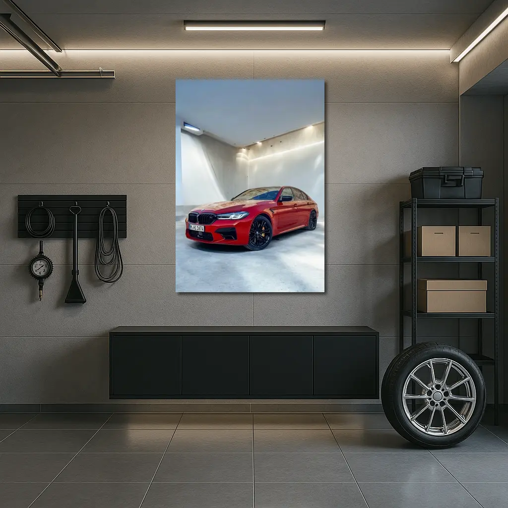 BMW M5 Red Sedan Minimalist Garage – Wall Art