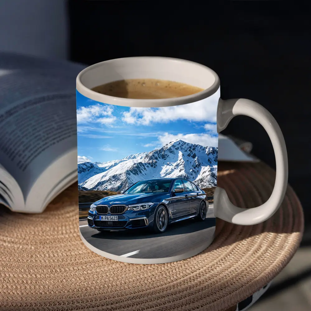 BMW M5 Sedan Speeding Through Alpine Mountains – Mugs