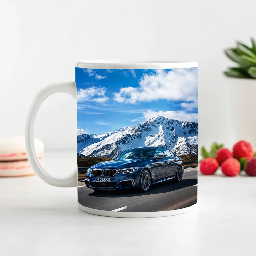 BMW M5 Sedan Speeding Through Alpine Mountains – Mugs