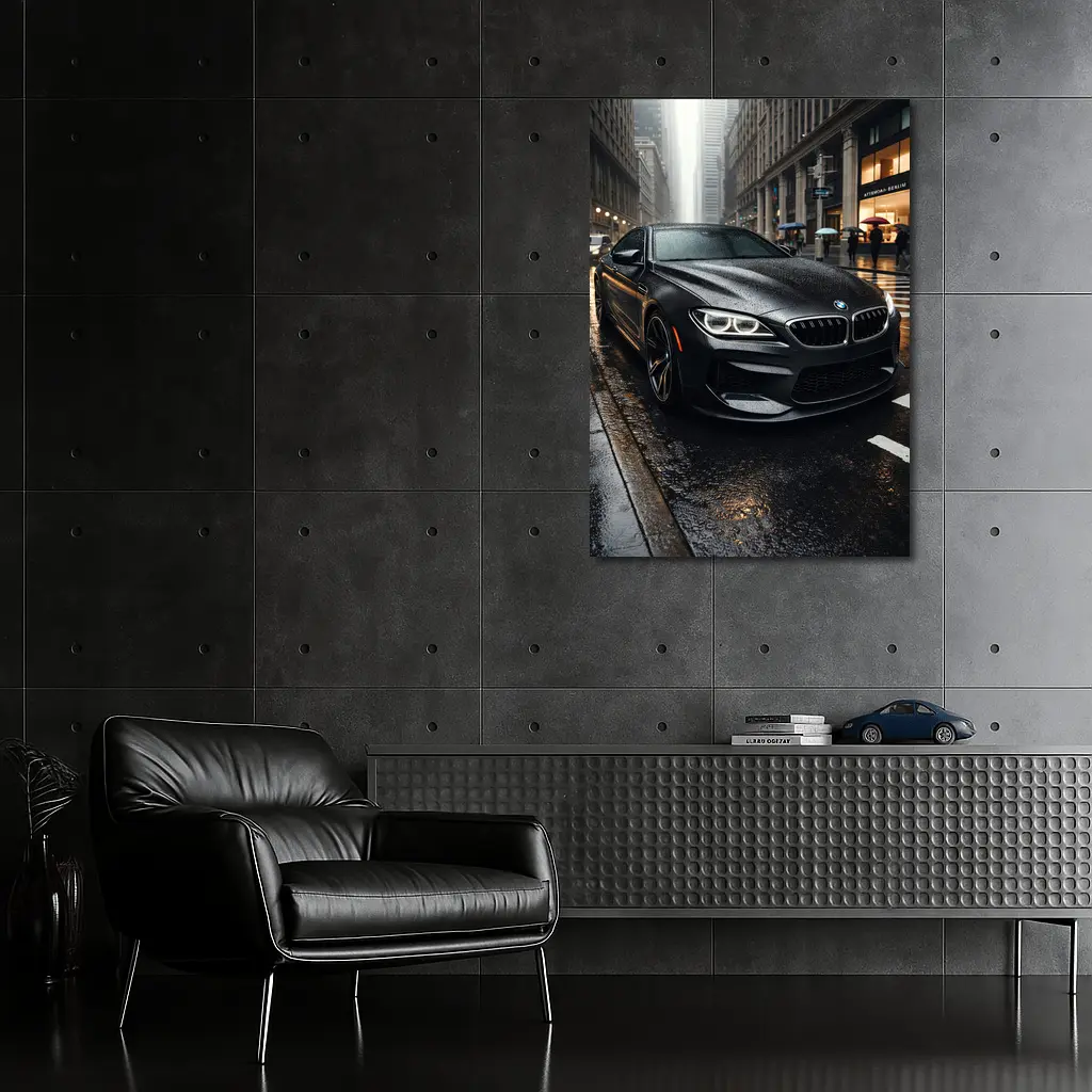 BMW M6 Matte Black Rainy City Street – Wall Art