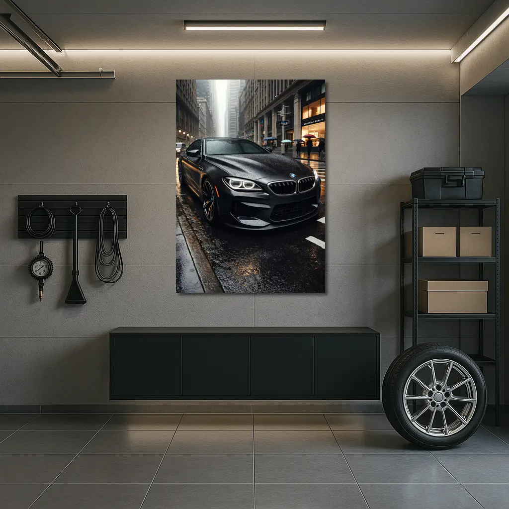 BMW M6 Matte Black Rainy City Street – Wall Art