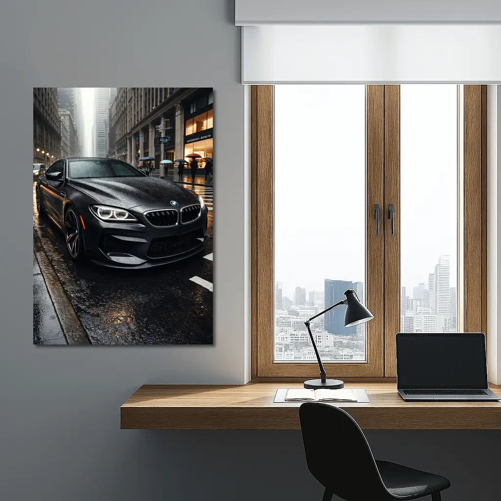 BMW M6 Matte Black Rainy City Street – Wall Art