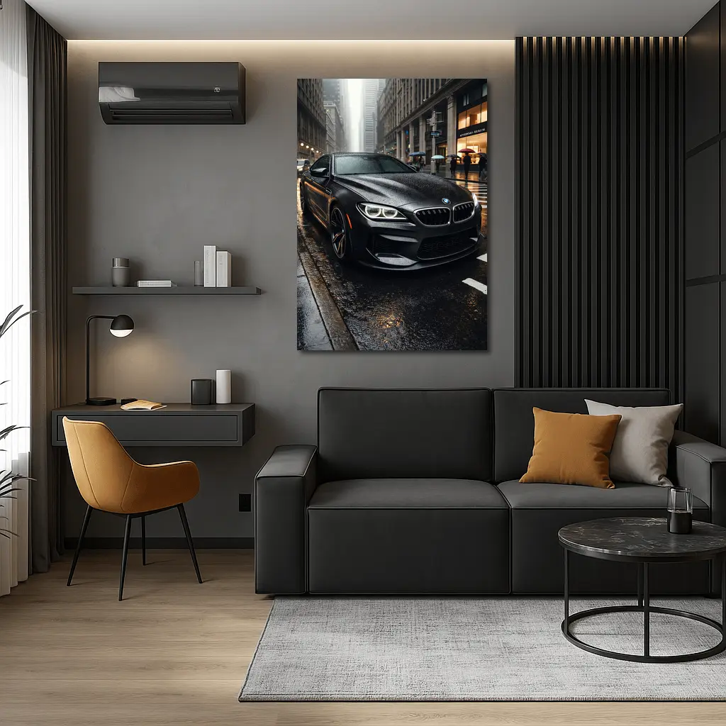 BMW M6 Matte Black Rainy City Street – Wall Art