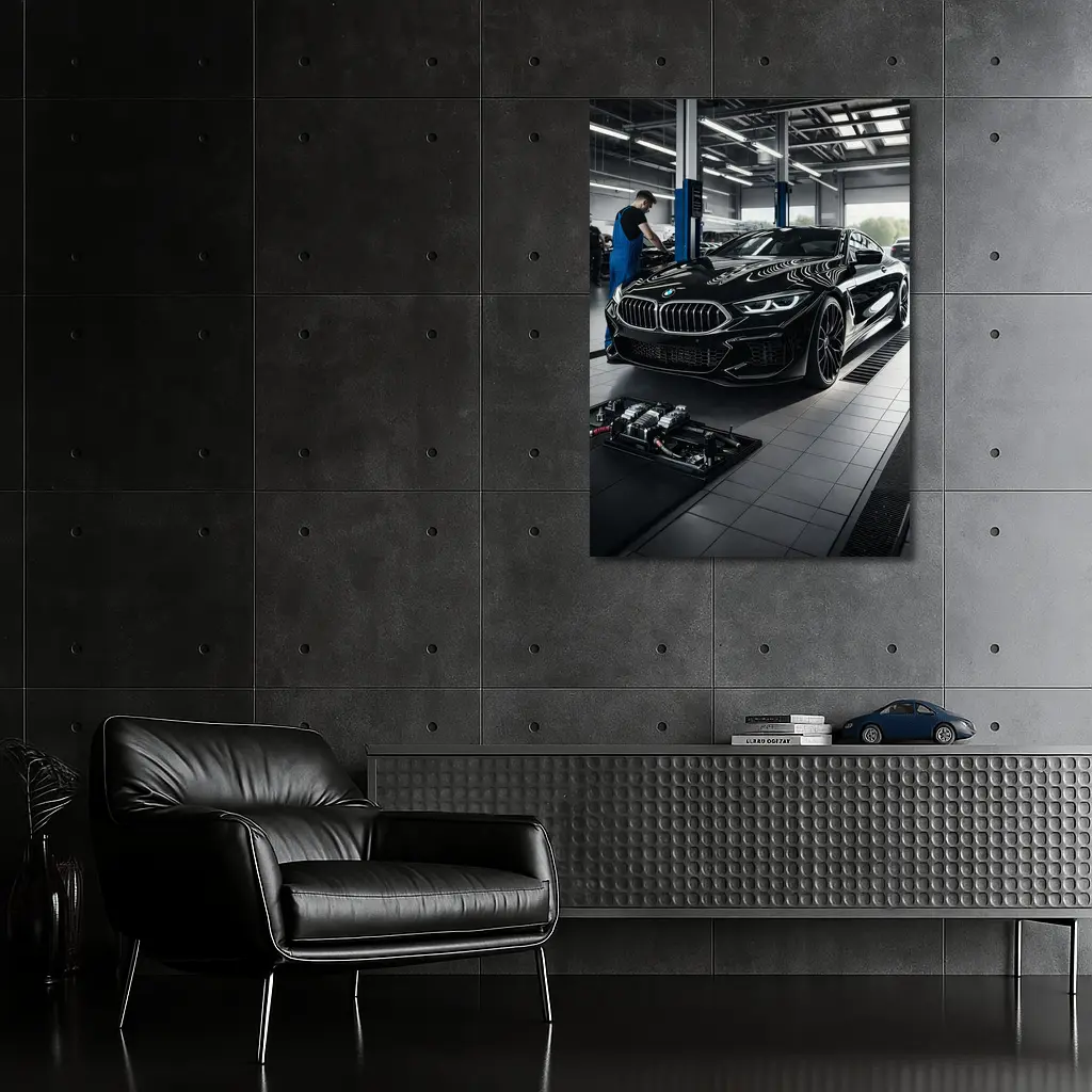 BMW M8 Black Coupe In Service Garage – Wall Art