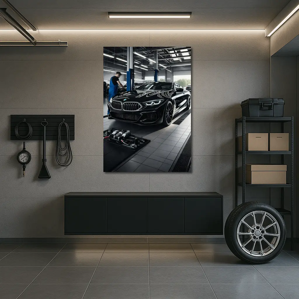BMW M8 Black Coupe In Service Garage – Wall Art