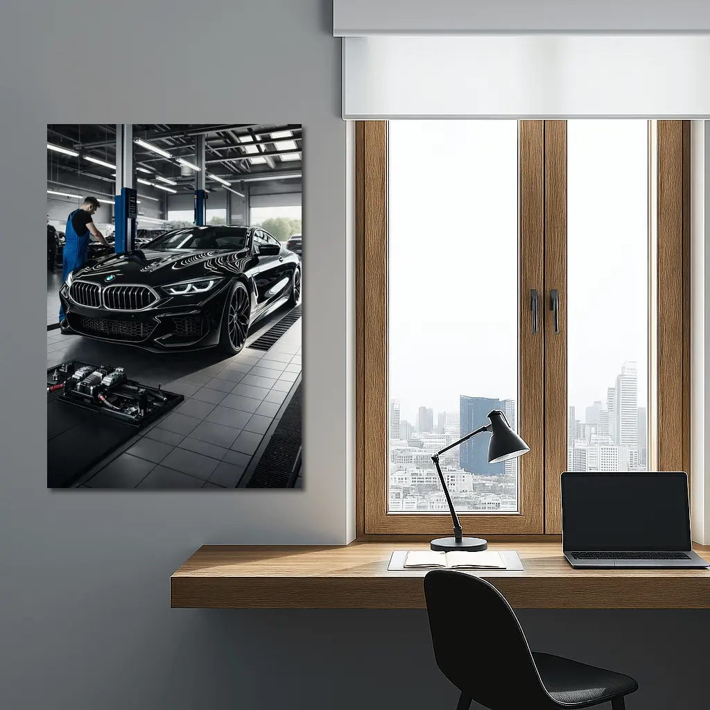 BMW M8 Black Coupe In Service Garage – Wall Art