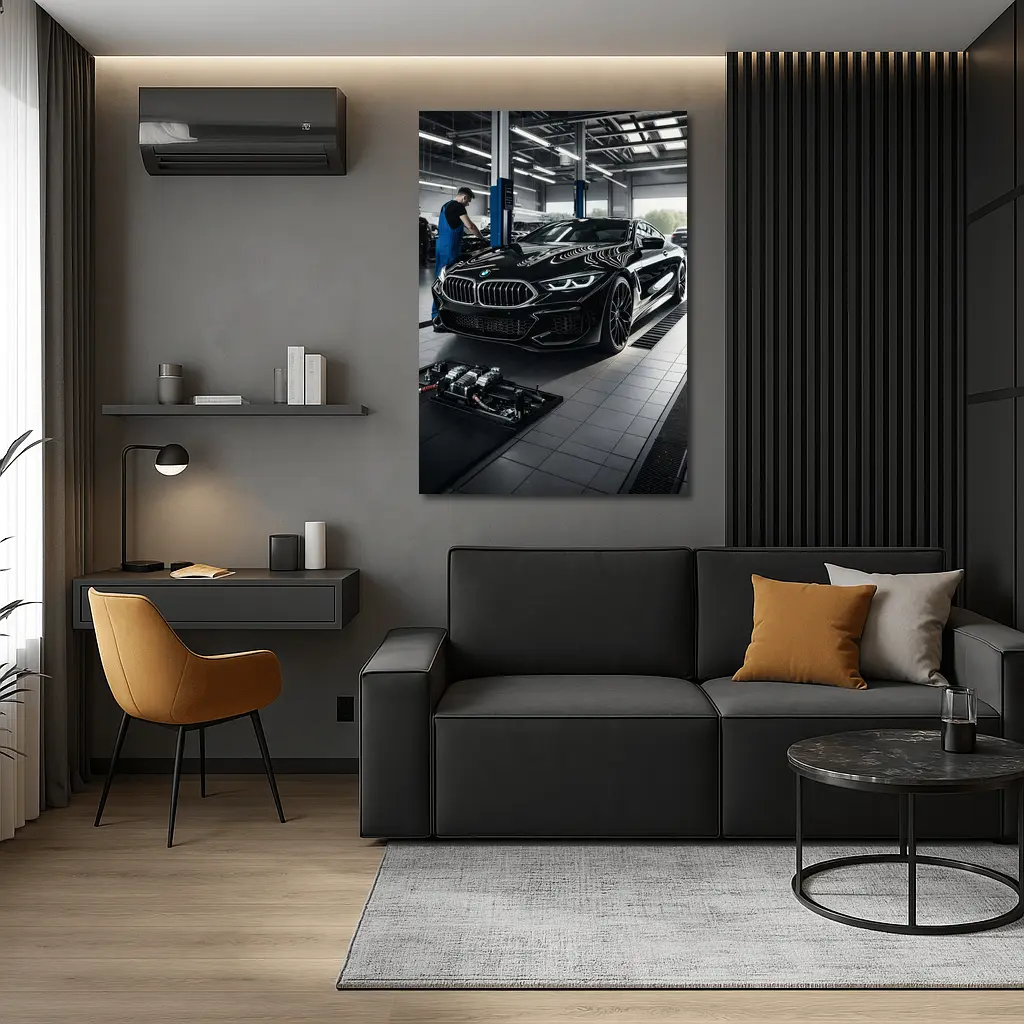 BMW M8 Black Coupe In Service Garage – Wall Art