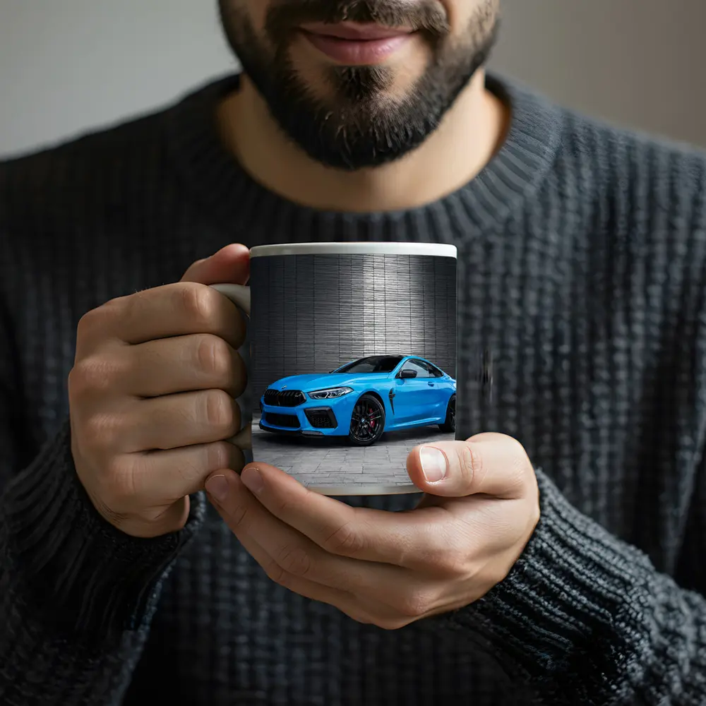 BMW M8 Coupe Blue Urban Wall Background – Mugs