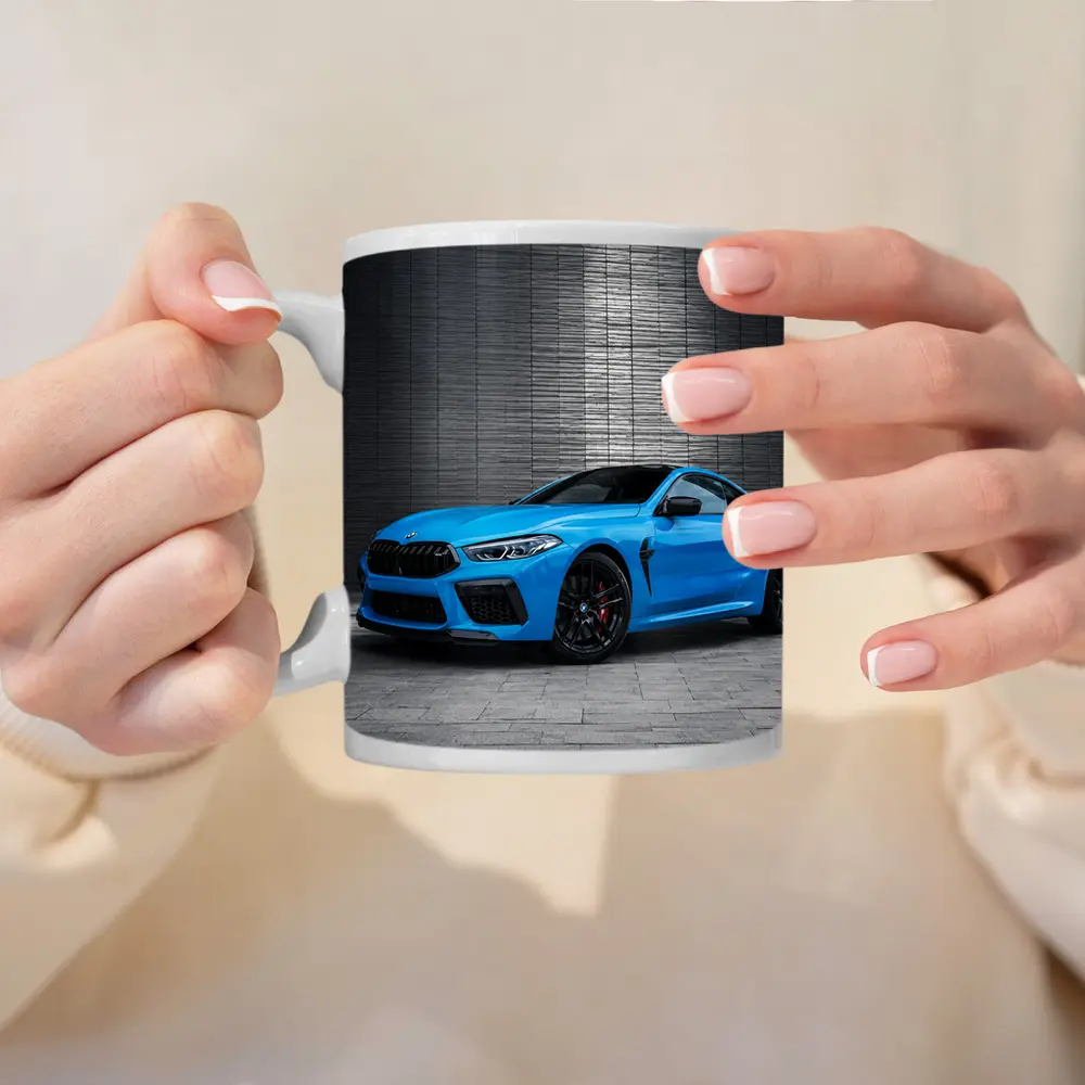 BMW M8 Coupe Blue Urban Wall Background – Mugs