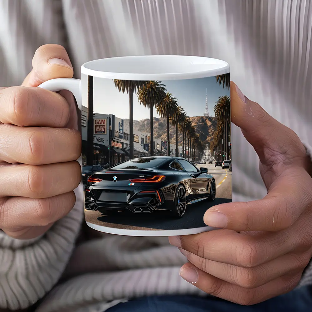 BMW M8 Cruising Hollywood Boulevard Palm Trees – Mugs