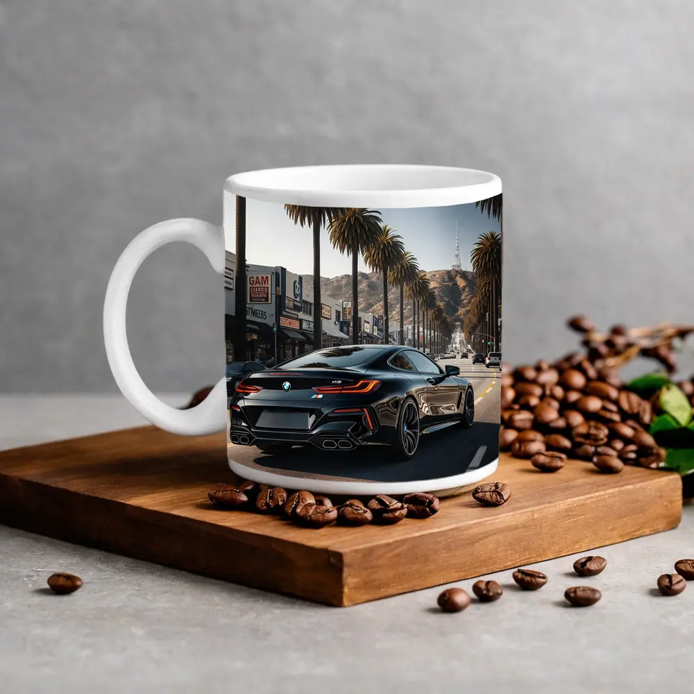BMW M8 Cruising Hollywood Boulevard Palm Trees – Mugs