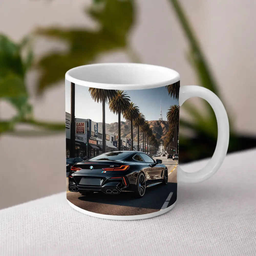 BMW M8 Cruising Hollywood Boulevard Palm Trees – Mugs