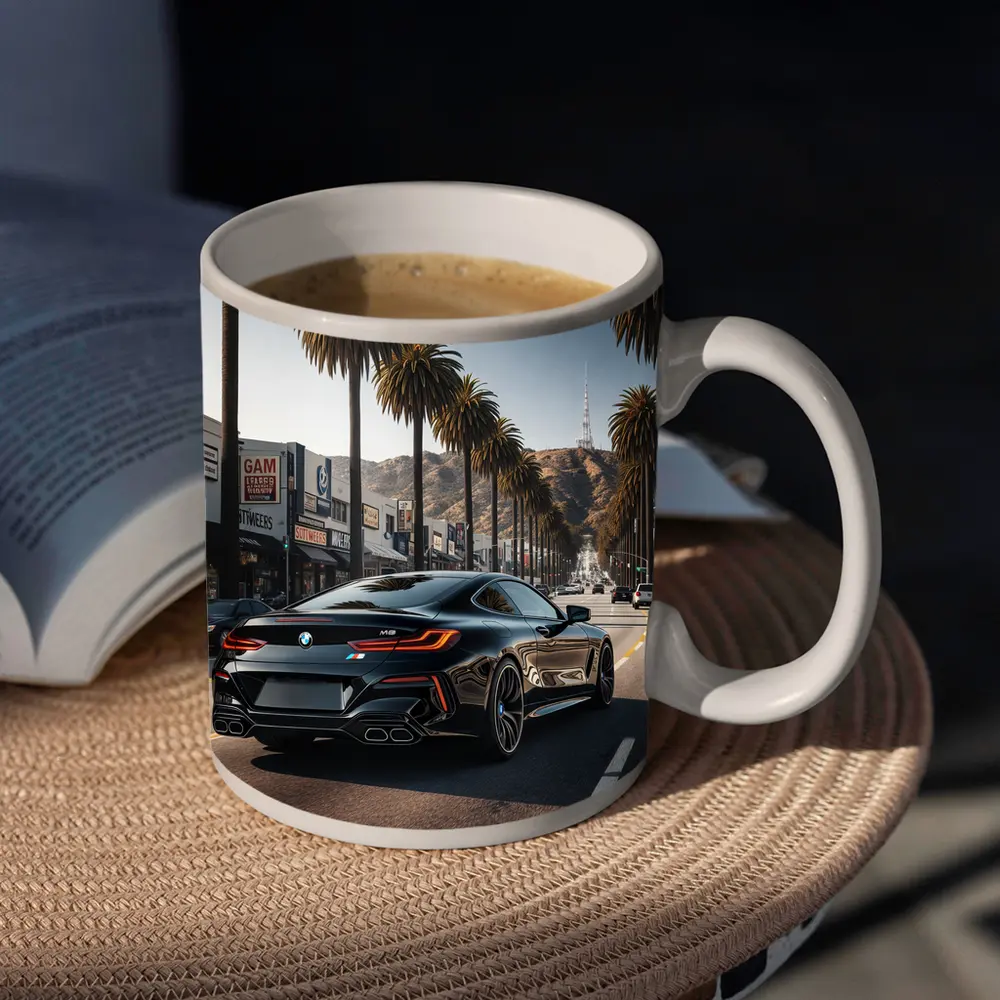 BMW M8 Cruising Hollywood Boulevard Palm Trees – Mugs