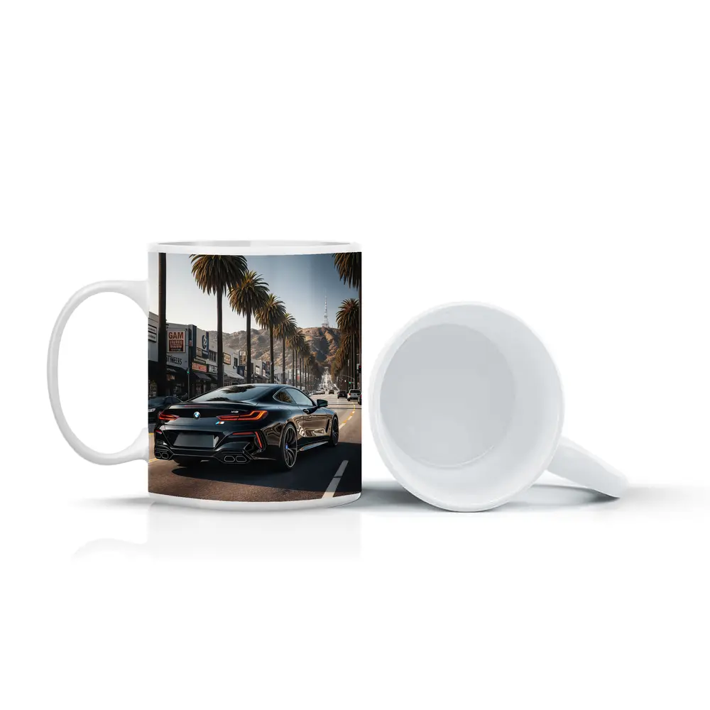 BMW M8 Cruising Hollywood Boulevard Palm Trees – Mugs