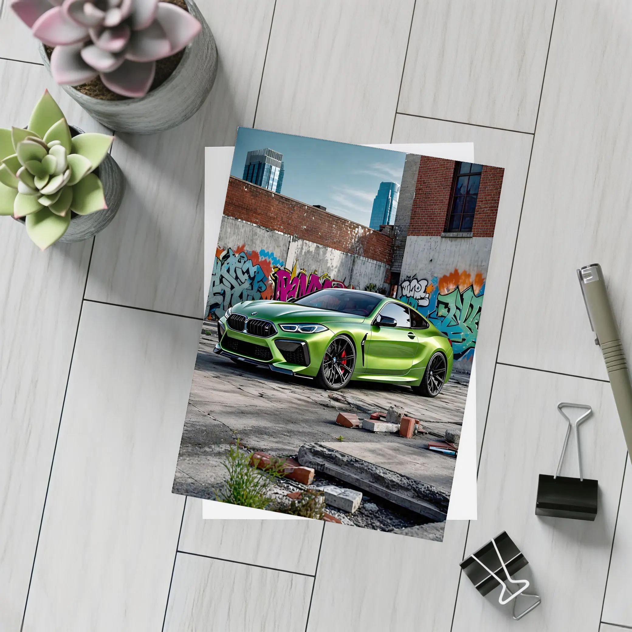 BMW M8 Green Coupe Graffiti Urban Setting – Postcards