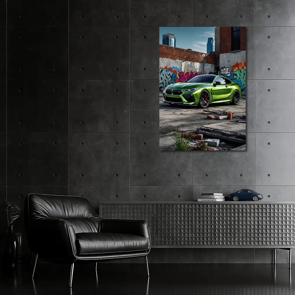 BMW M8 Green Coupe Graffiti Urban Setting – Wall Art