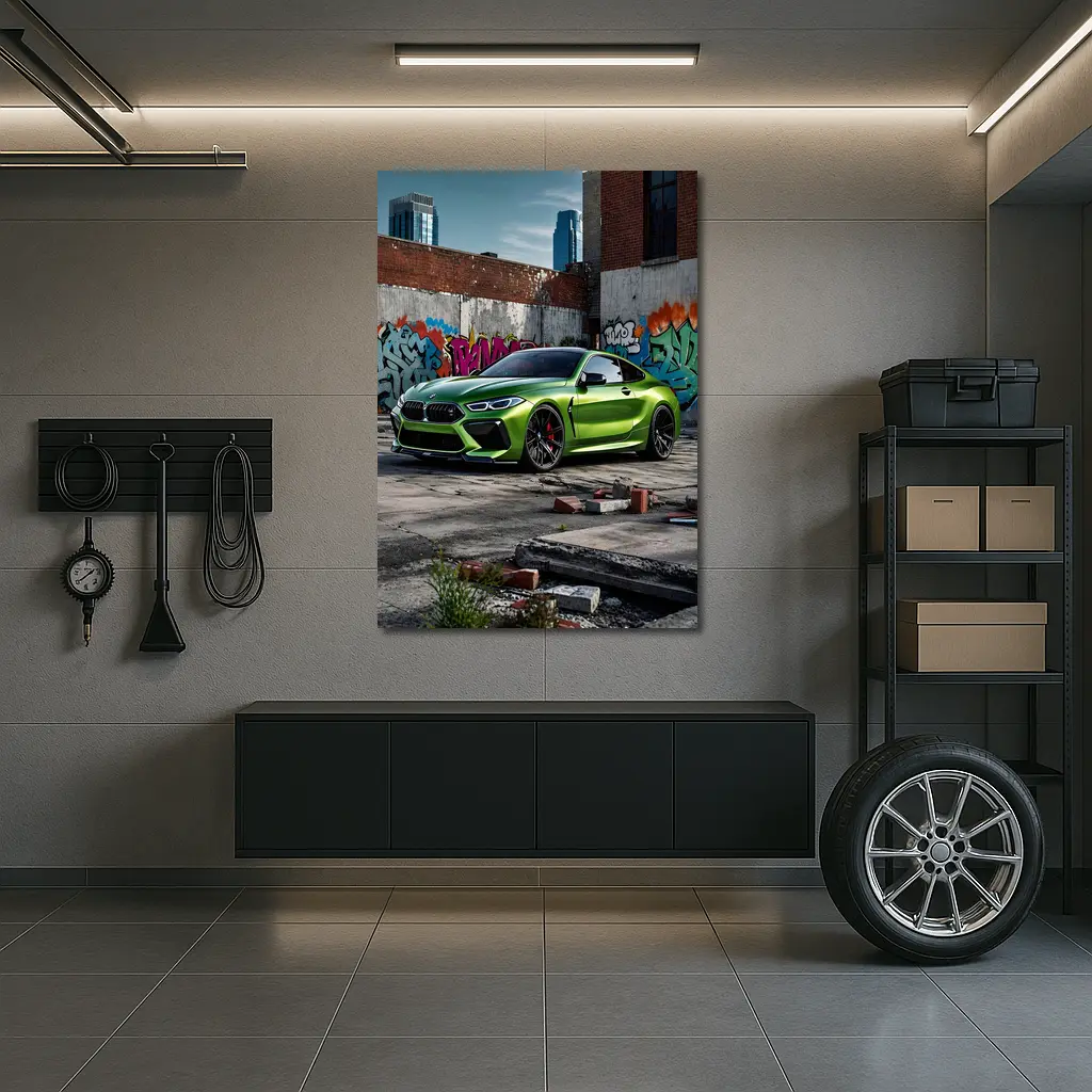 BMW M8 Green Coupe Graffiti Urban Setting – Wall Art