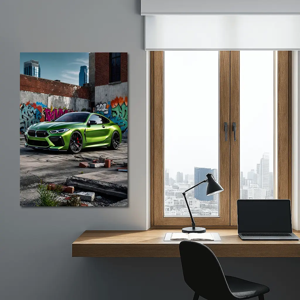 BMW M8 Green Coupe Graffiti Urban Setting – Wall Art