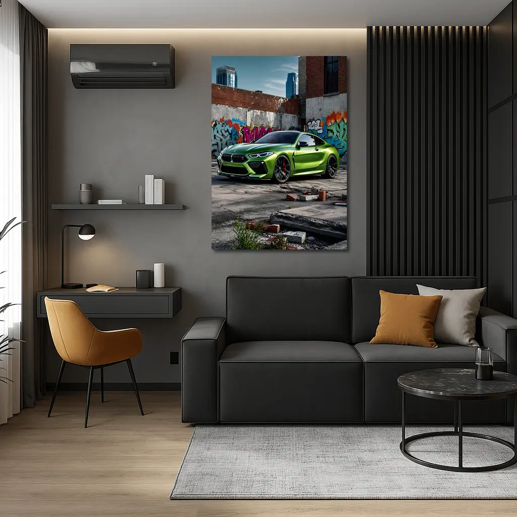BMW M8 Green Coupe Graffiti Urban Setting – Wall Art