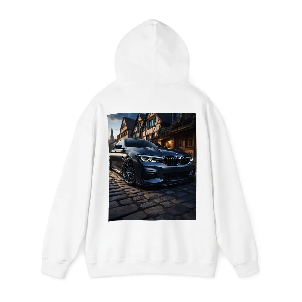 BMW 5 Series On Cobblestone European Street – Hoodies