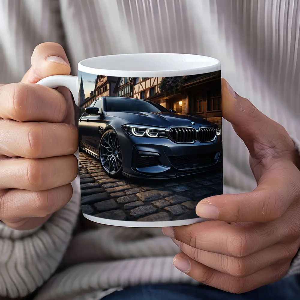 BMW 5 Series On Cobblestone European Street – Mugs