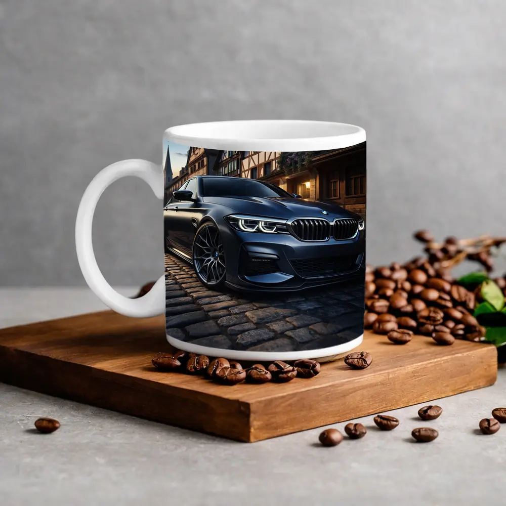 BMW 5 Series On Cobblestone European Street – Mugs