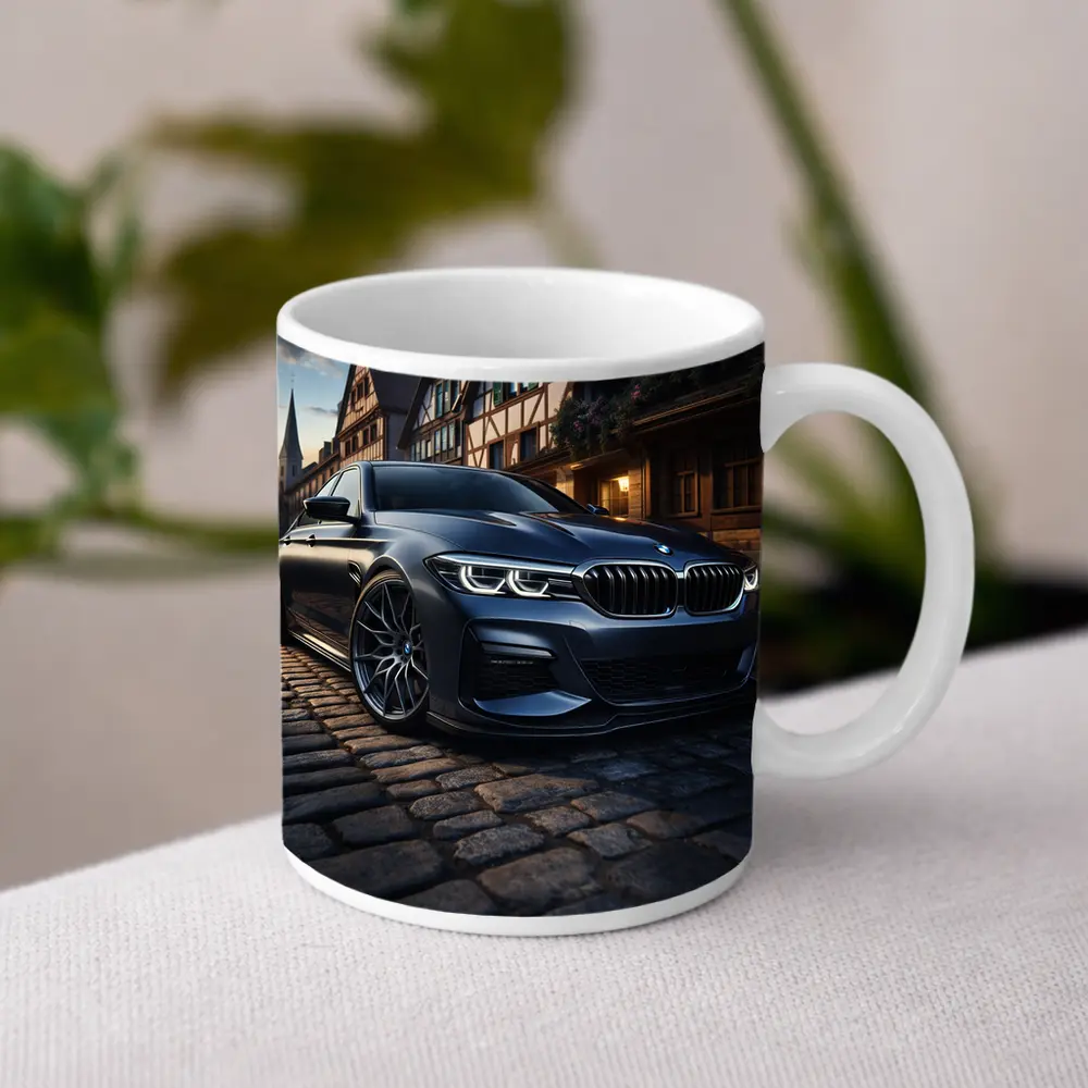 BMW 5 Series On Cobblestone European Street – Mugs