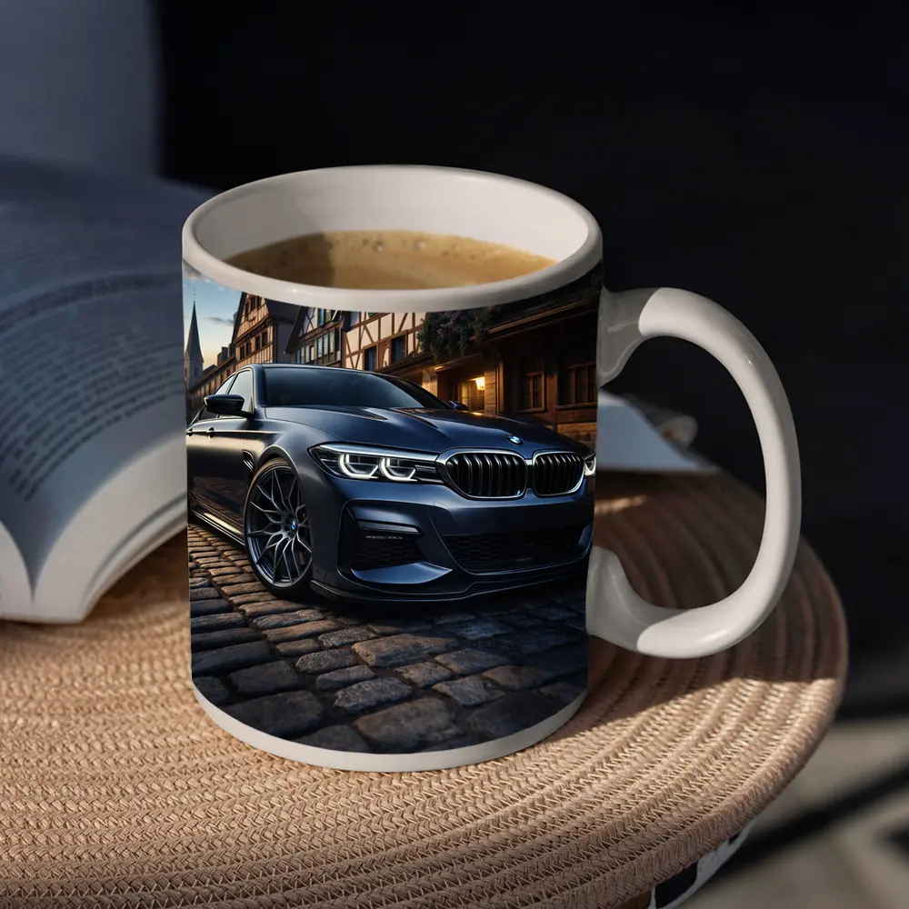 BMW 5 Series On Cobblestone European Street – Mugs