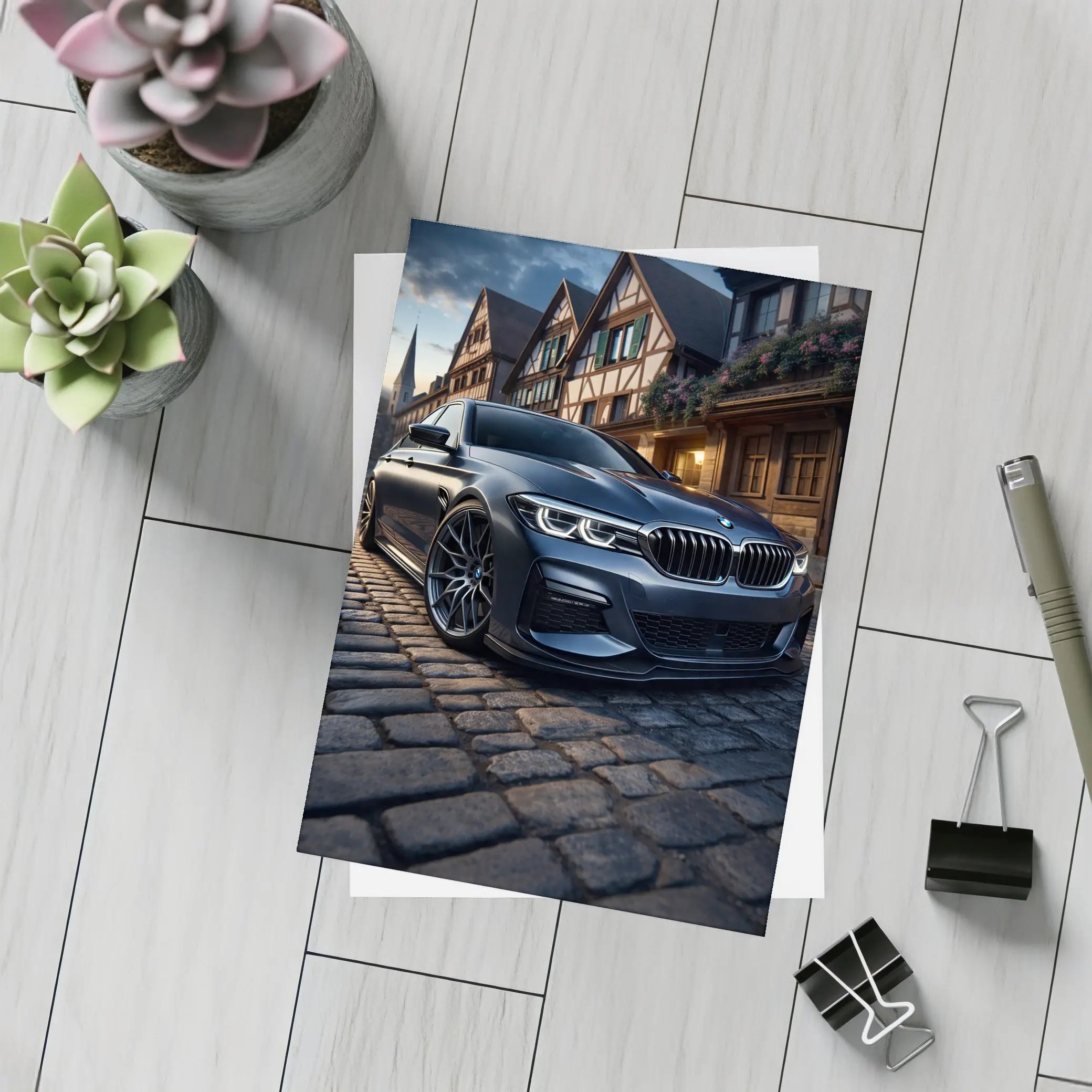 BMW 5 Series On Cobblestone European Street – Postcards