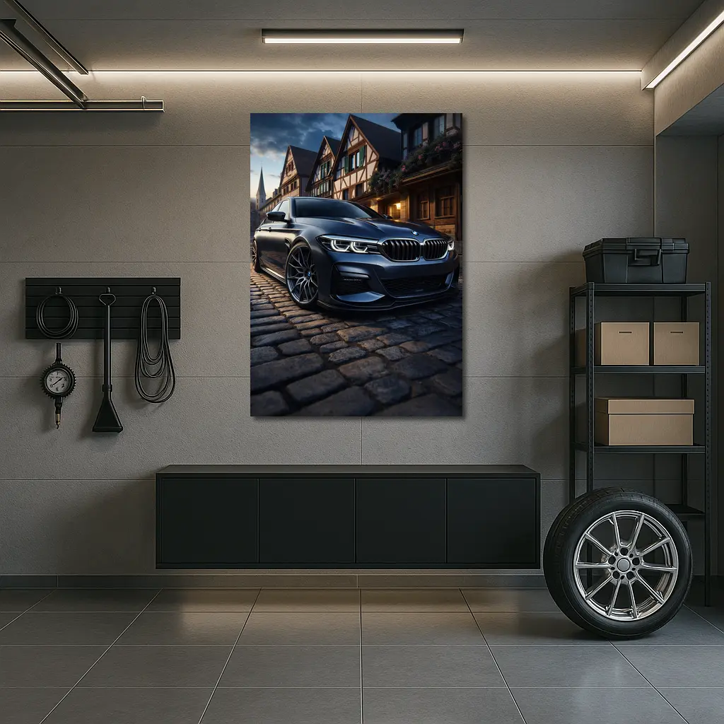 BMW 5 Series On Cobblestone European Street – Wall Art