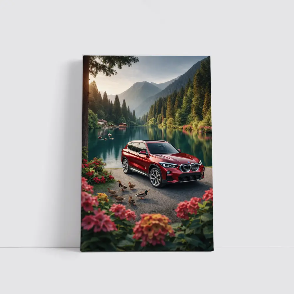 Red BMW X5 Parked By Mountain Lake – Wall Art