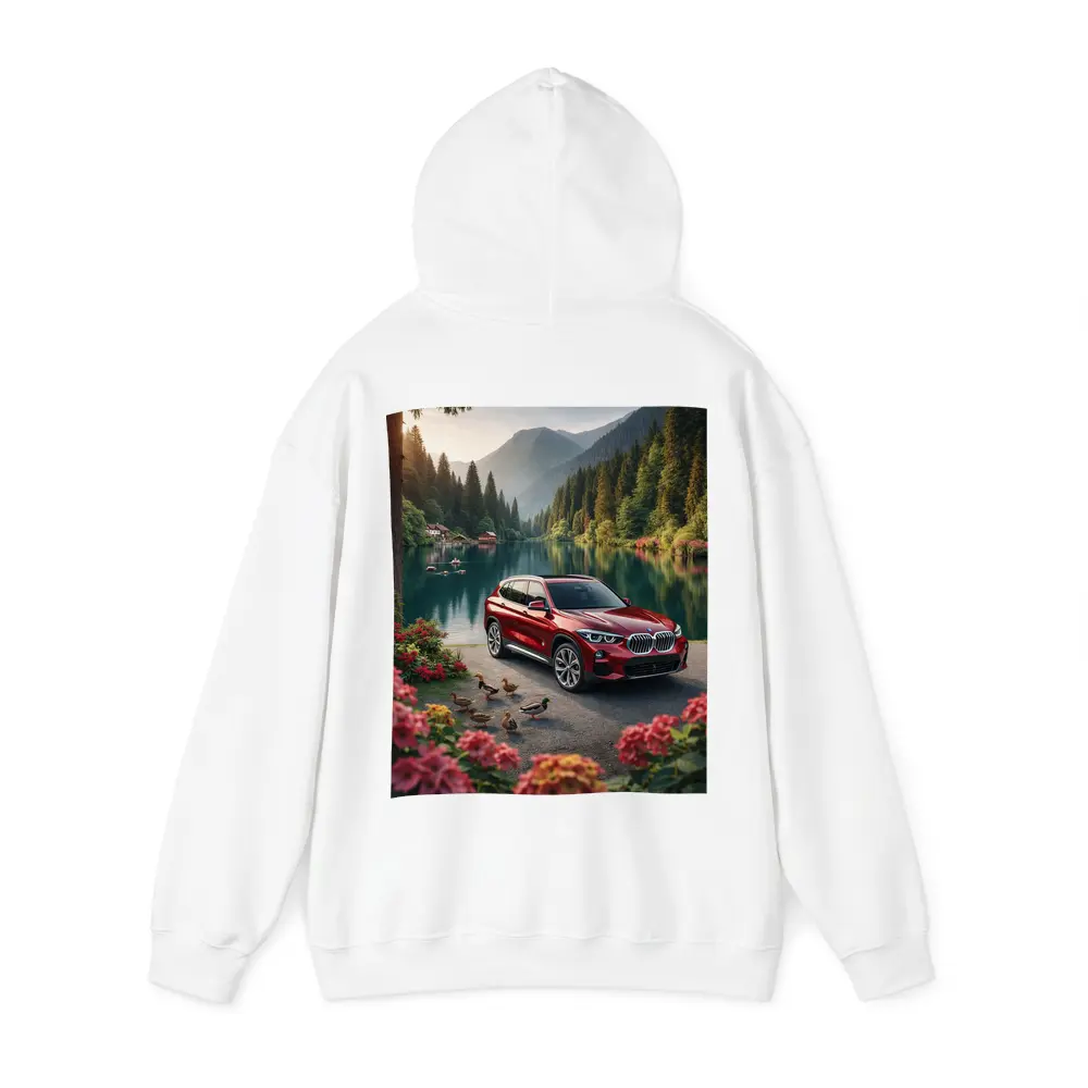 Red BMW X5 Parked By Mountain Lake – Hoodies