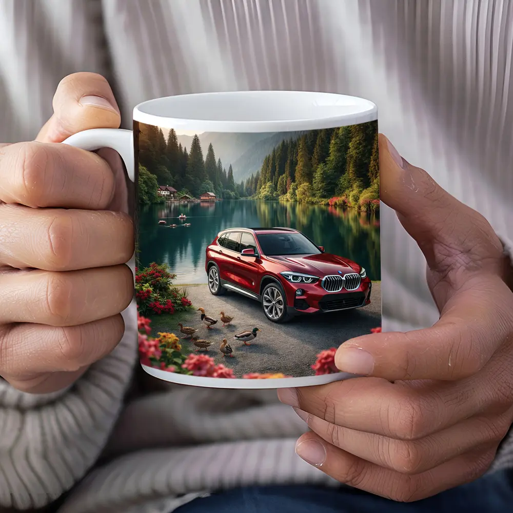 Red BMW X5 Parked By Mountain Lake – Mugs