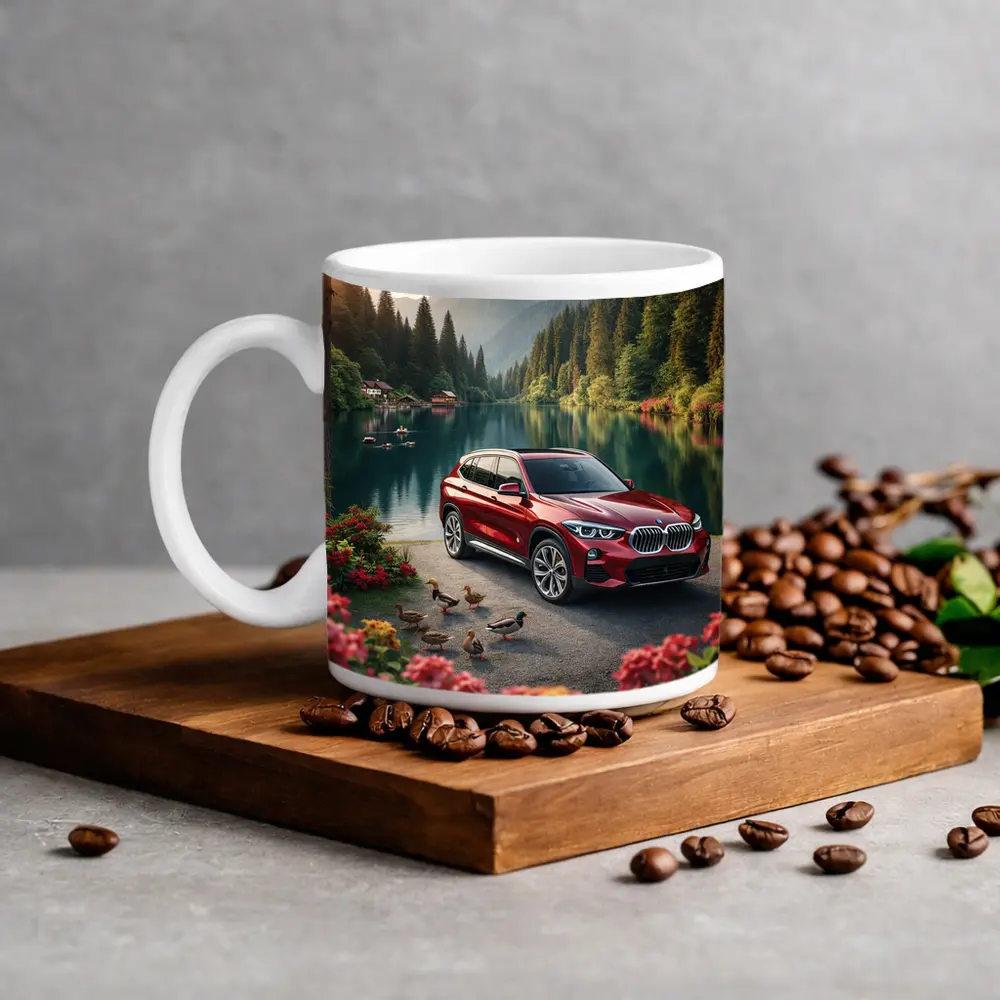 Red BMW X5 Parked By Mountain Lake – Mugs