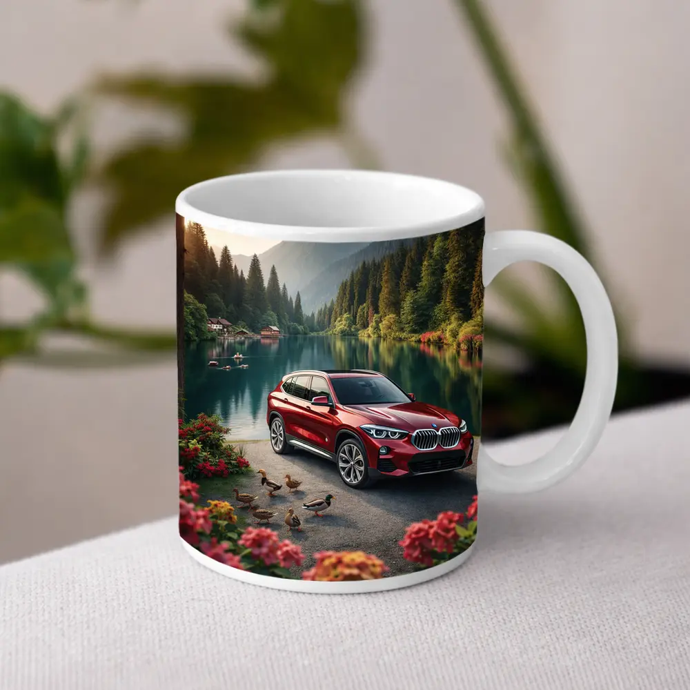 Red BMW X5 Parked By Mountain Lake – Mugs
