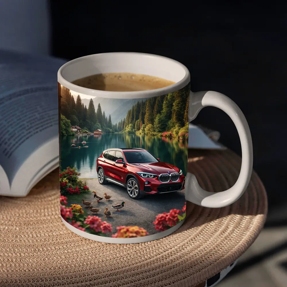 Red BMW X5 Parked By Mountain Lake – Mugs