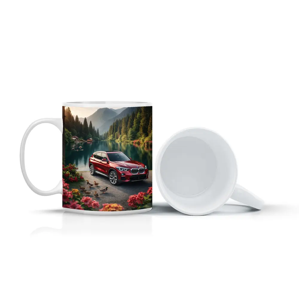 Red BMW X5 Parked By Mountain Lake – Mugs