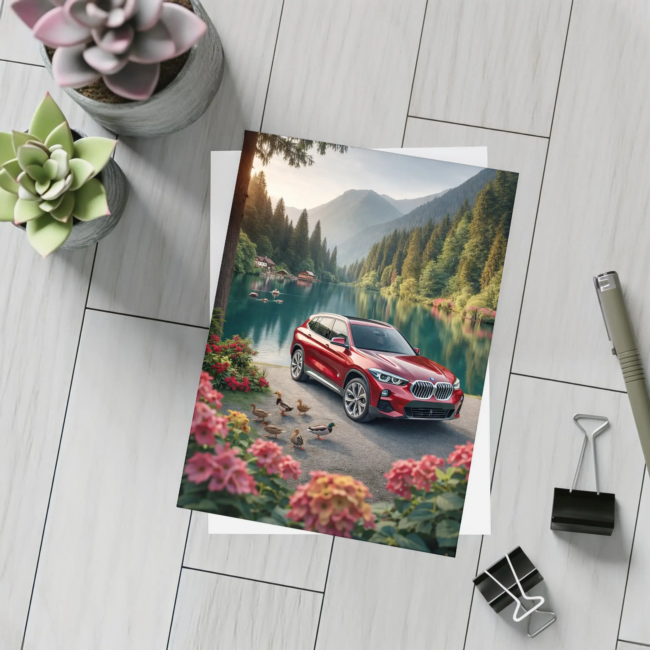 Red BMW X5 Parked By Mountain Lake – Postcards