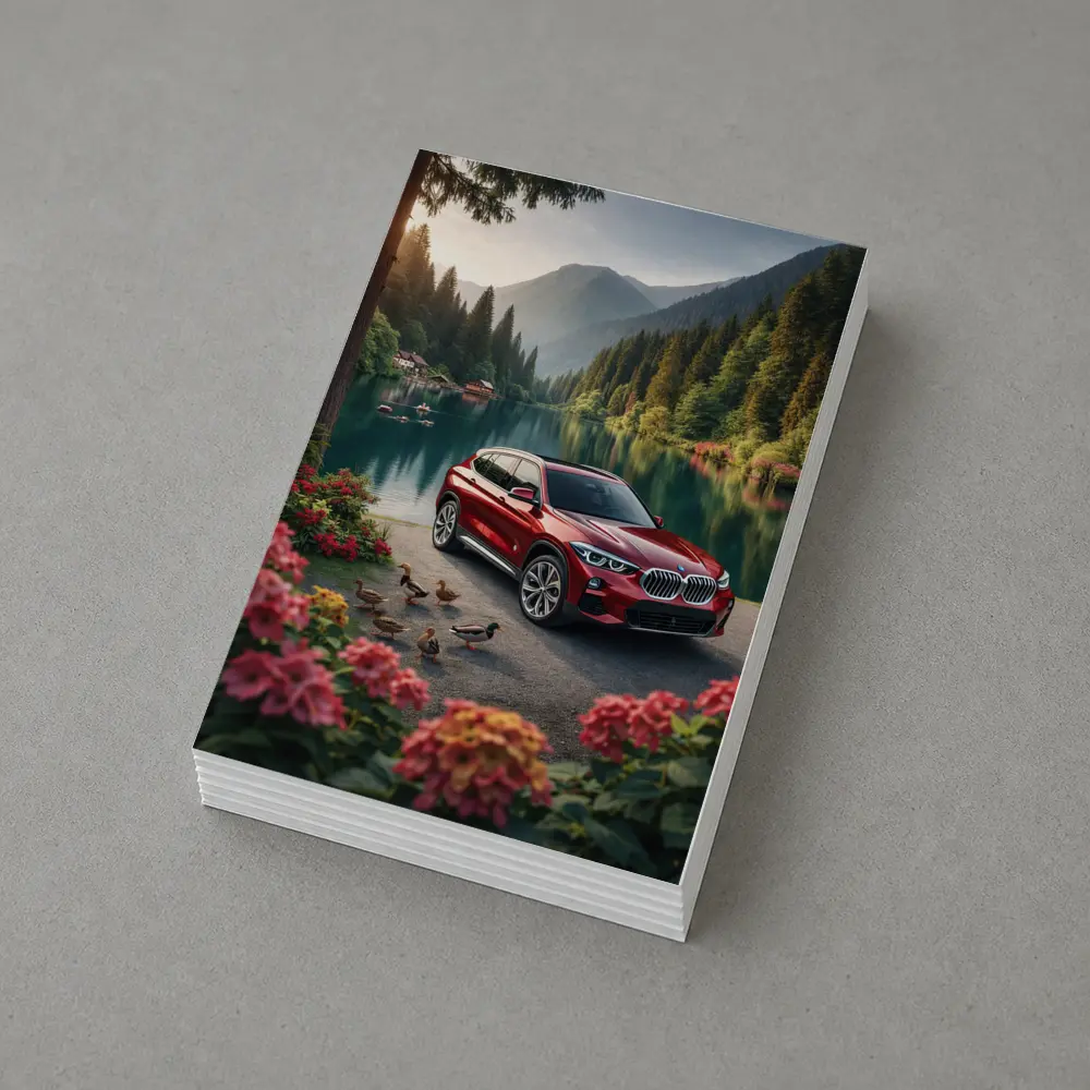Red BMW X5 Parked By Mountain Lake – Postcards