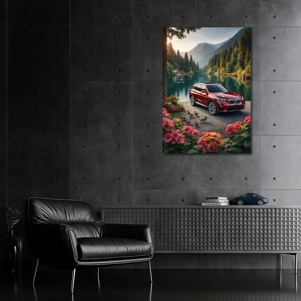 Red BMW X5 Parked By Mountain Lake – Wall Art