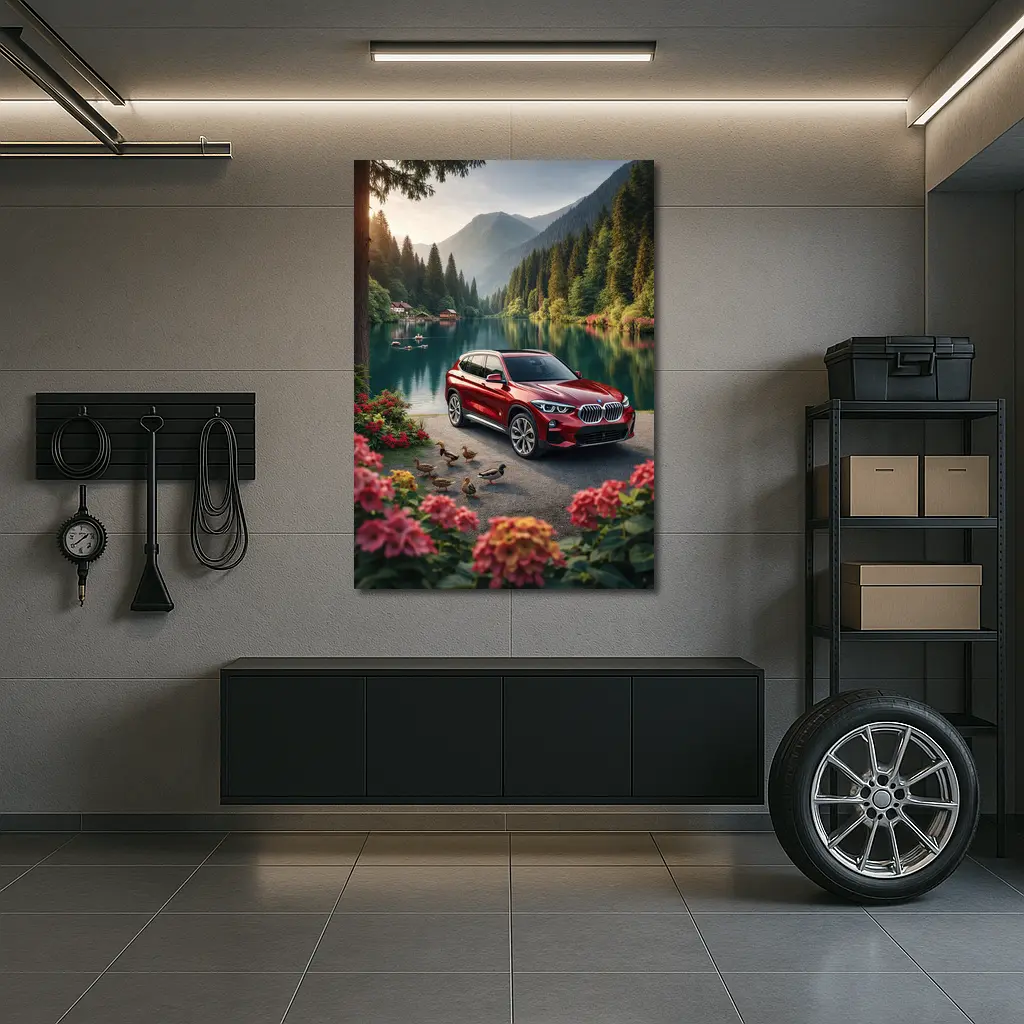 Red BMW X5 Parked By Mountain Lake – Wall Art