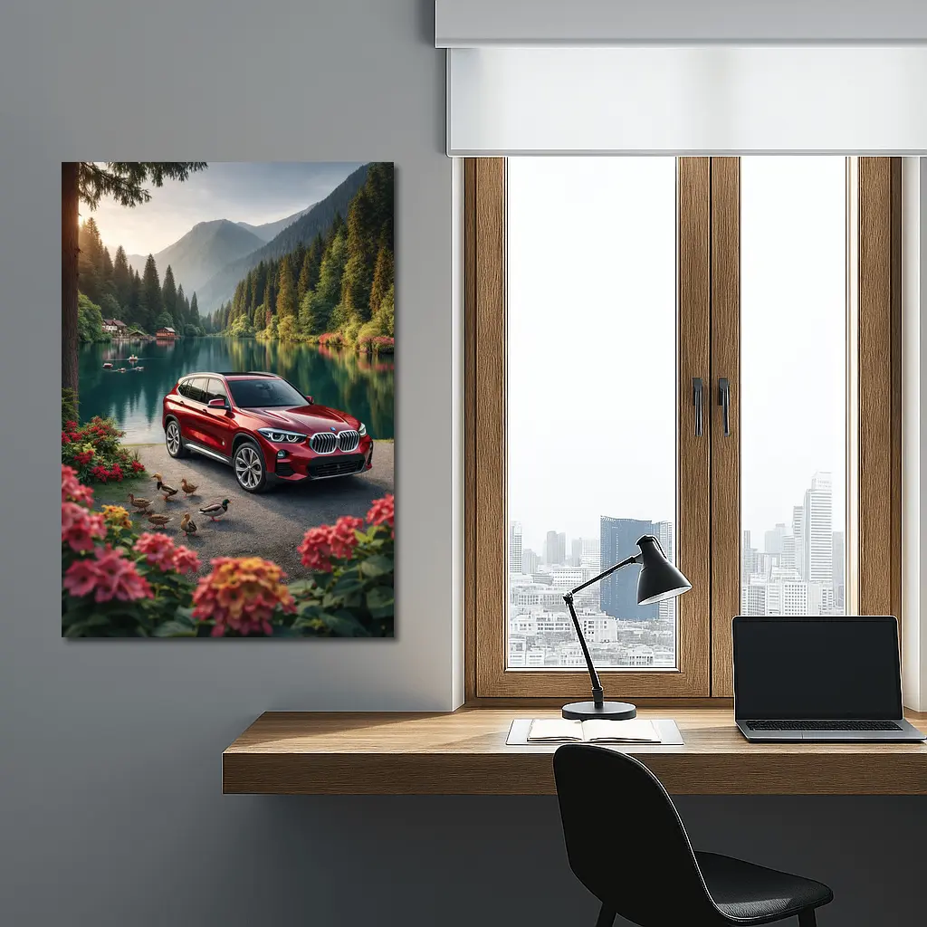 Red BMW X5 Parked By Mountain Lake – Wall Art