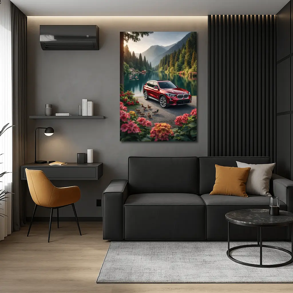 Red BMW X5 Parked By Mountain Lake – Wall Art