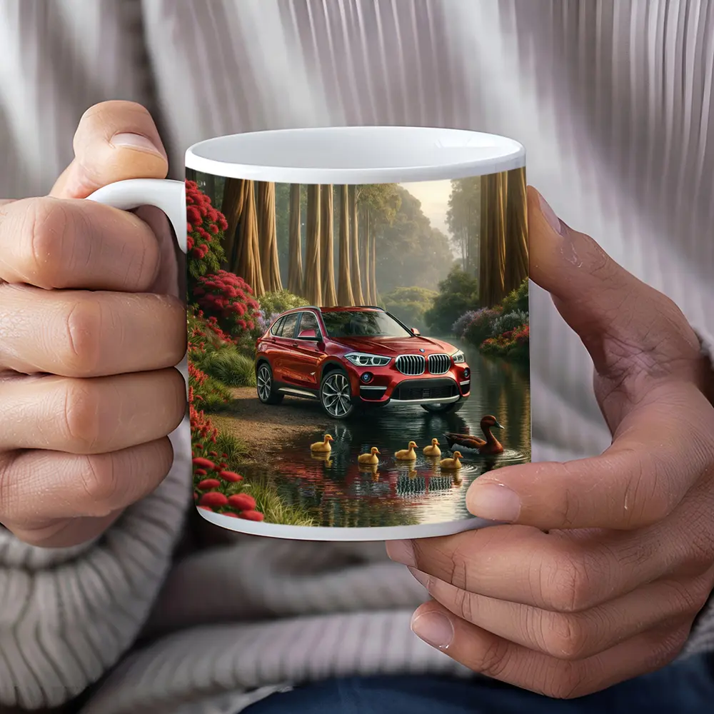 Red BMW X1 SUV Forest River Scene – Mugs