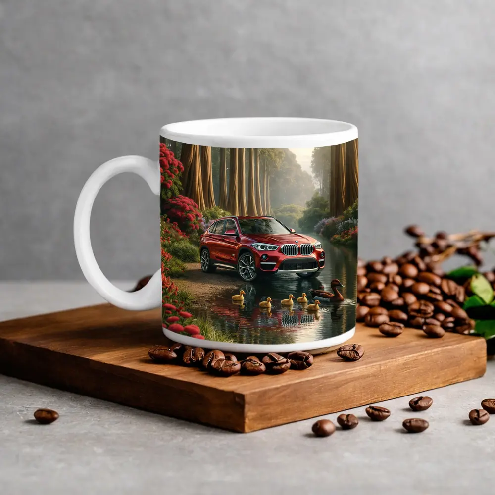 Red BMW X1 SUV Forest River Scene – Mugs