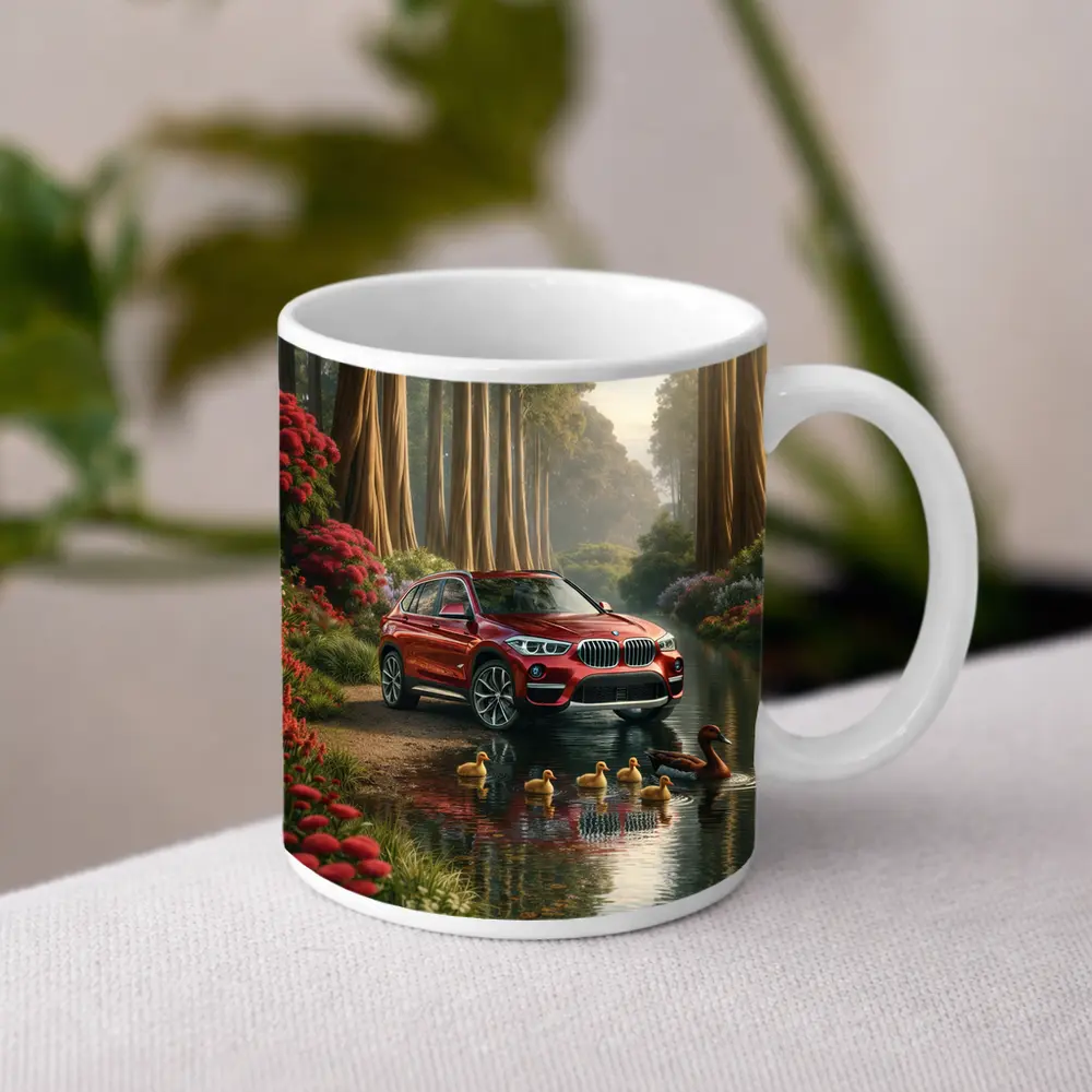 Red BMW X1 SUV Forest River Scene – Mugs