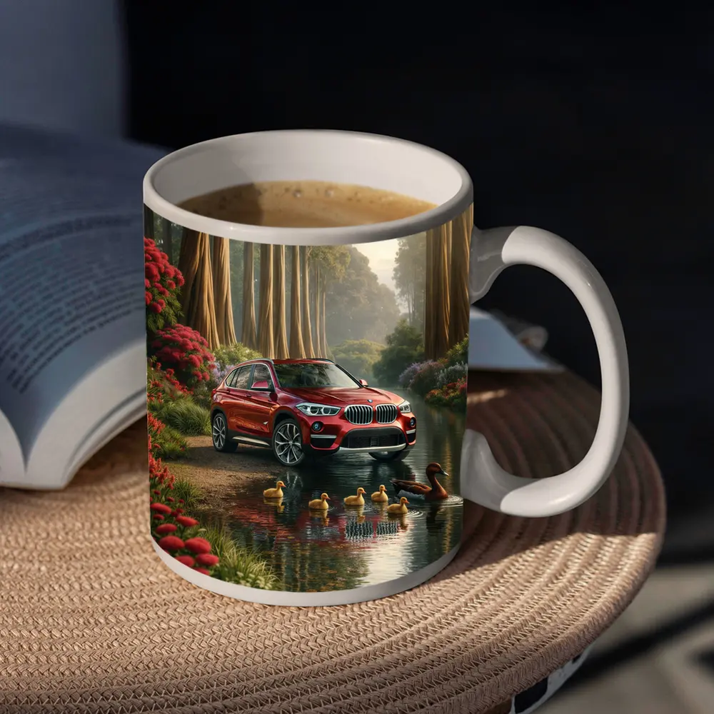Red BMW X1 SUV Forest River Scene – Mugs