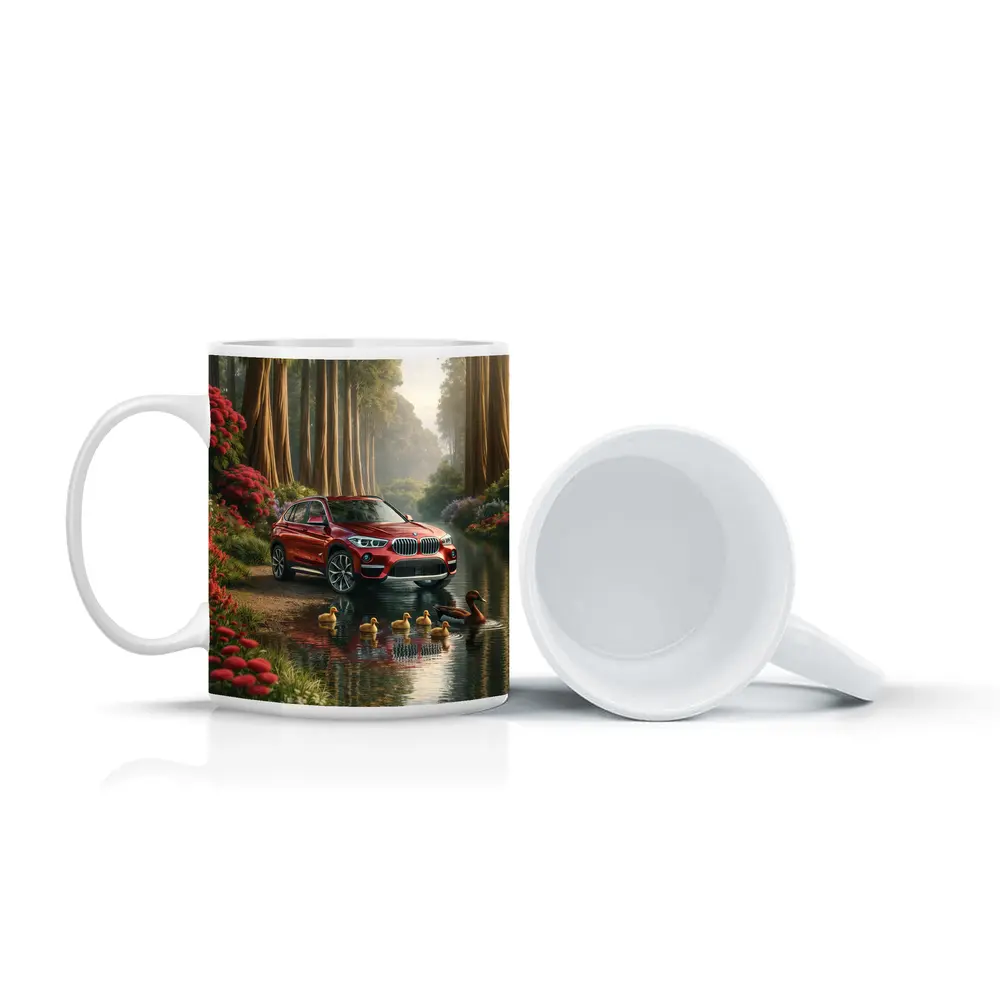 Red BMW X1 SUV Forest River Scene – Mugs